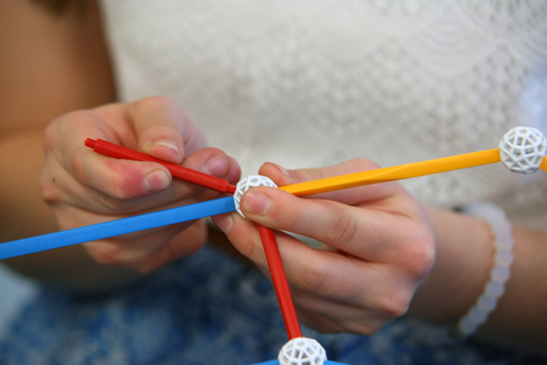 Close up of a student's hands as she attaches struts to a node.